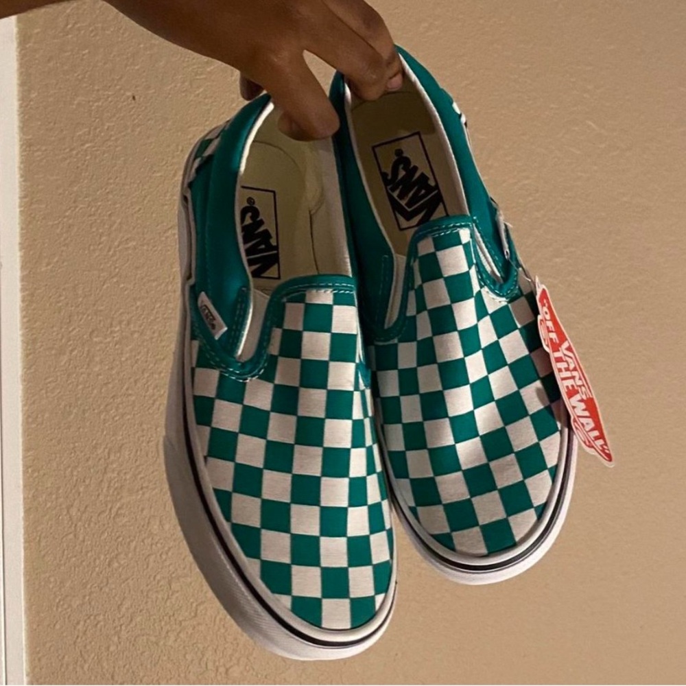 Vans Teal and White Checkered Slip-On Shoes
